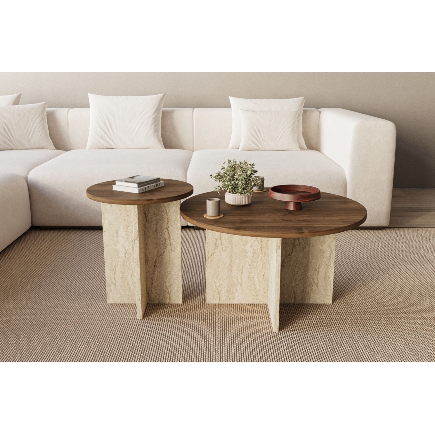 Set de 2 mese de cafea PURO, Ø 40/70 cm, travertin/nuc