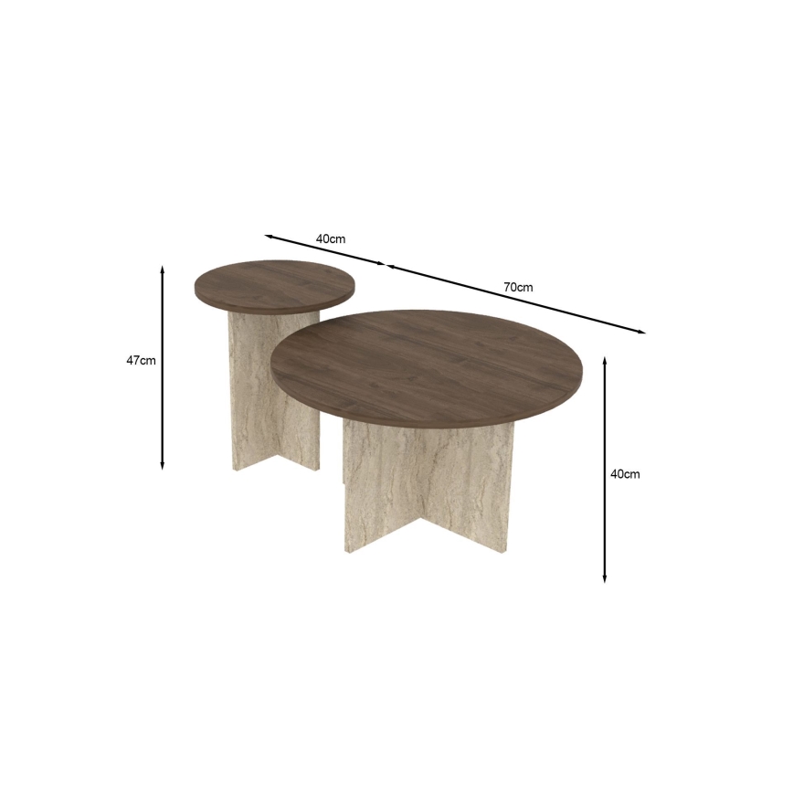 Set de 2 mese de cafea PURO, Ø 40/70 cm, travertin/nuc