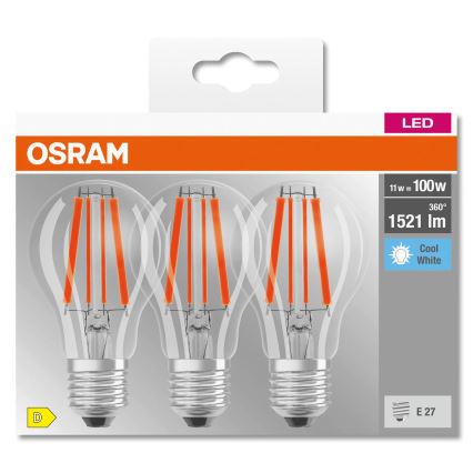 Set de 3 becuri LED Base Classic Filament A60, soclu E27, 11W, 230V, 4000K - Osram