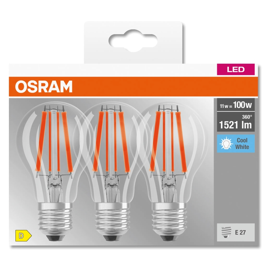 Set de 3 becuri LED Base Classic Filament A60, soclu E27, 11W, 230V, 4000K - Osram