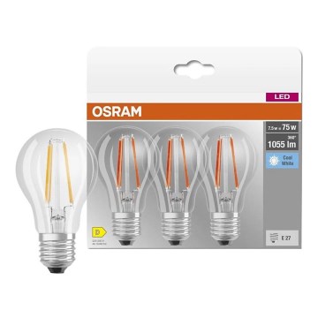 Set de 3 becuri LED BASE CLASSIC FILAMENT A60, soclu E27, 7,5 W, 230 V, 4000 K - Osram