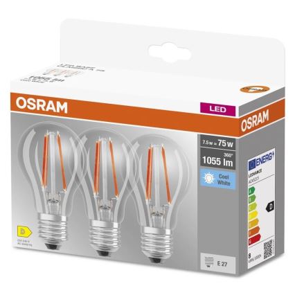 Set de 3 becuri LED BASE CLASSIC FILAMENT A60, soclu E27, 7,5 W, 230 V, 4000 K - Osram