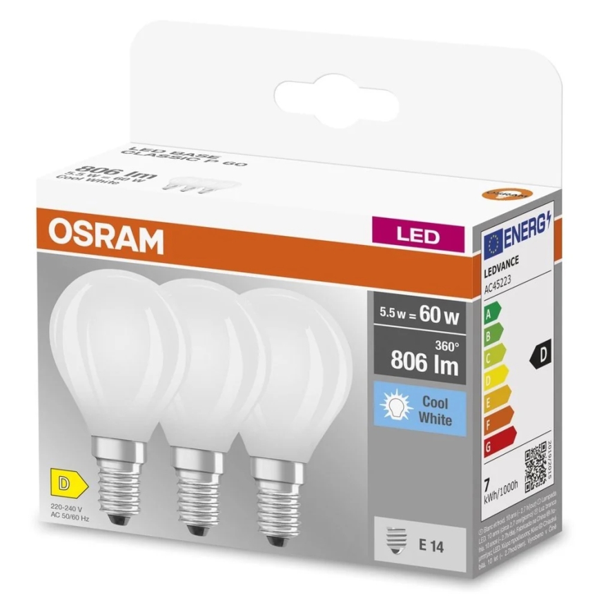 Set de 3 becuri LED BASE CLASSIC FILAMENT E14/5,9W/230V 4000K - Osram