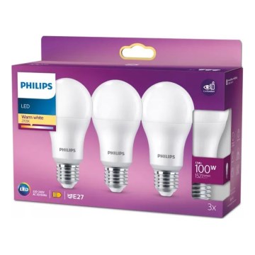 Set de 3 becuri LED Philips A60, soclu E27, 13 W, 230 V, 2700 K