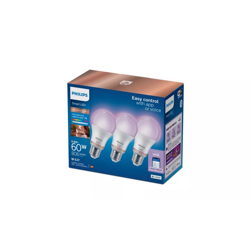 Set de 3 becuri LED RGB dimabile Philips SMART A60 E27/8,8W/230V 2200-6500K