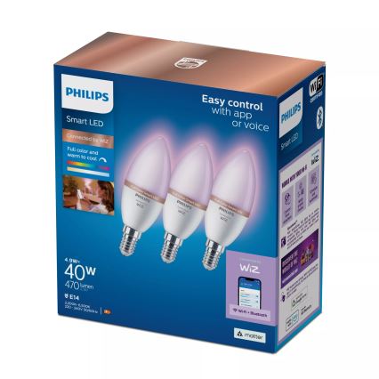Set de 3 becuri LED RGB reglabile Philips SMART C37 E14/4,9W/230V 2200-6500K CRI 90