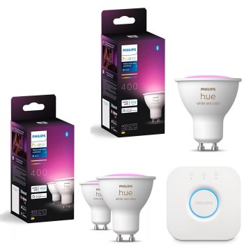 Set de 3 becuri LED RGBW dimabile Philips Hue WHITE AND COLOR AMBIANCE GU10/4,2W/230V 2000-6500K + Hue Bridge