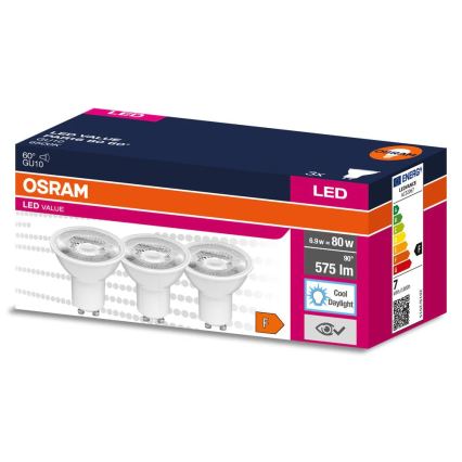 Set de 3 becuri LED spot PAR16 GU10, 6,9W, 230V, 6500K, 60° - Osram
