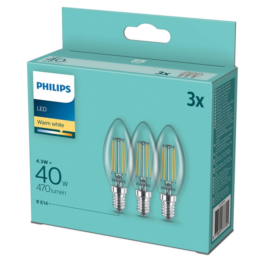 Set de 3 becuri LED vintage Philips B35, E14, 4,3 W, 230 V, 2700 K