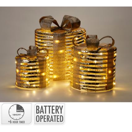SET 3x decorațiuni LED de Crăciun 20xLED/2xAA + 30xLED/3xAA + 40xLED/3xAA alb cald cadouri/auriu