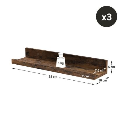 Set de 3 rafturi de perete SHELFY 38x5x10 cm, maro