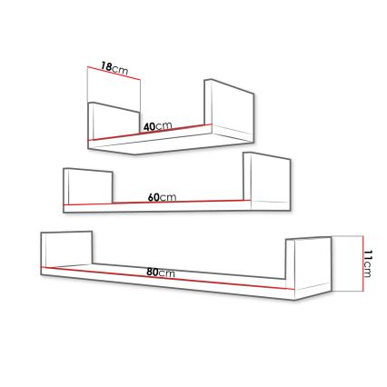 Set de 3 rafturi de perete TRIO 40/60/80 x 11 x 18 cm, stejar Sonoma