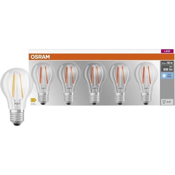 Set de 5 becuri LED BASE CLASSIC FILAMENT A60, soclu E27, 7W, 230V, 4000K - Osram