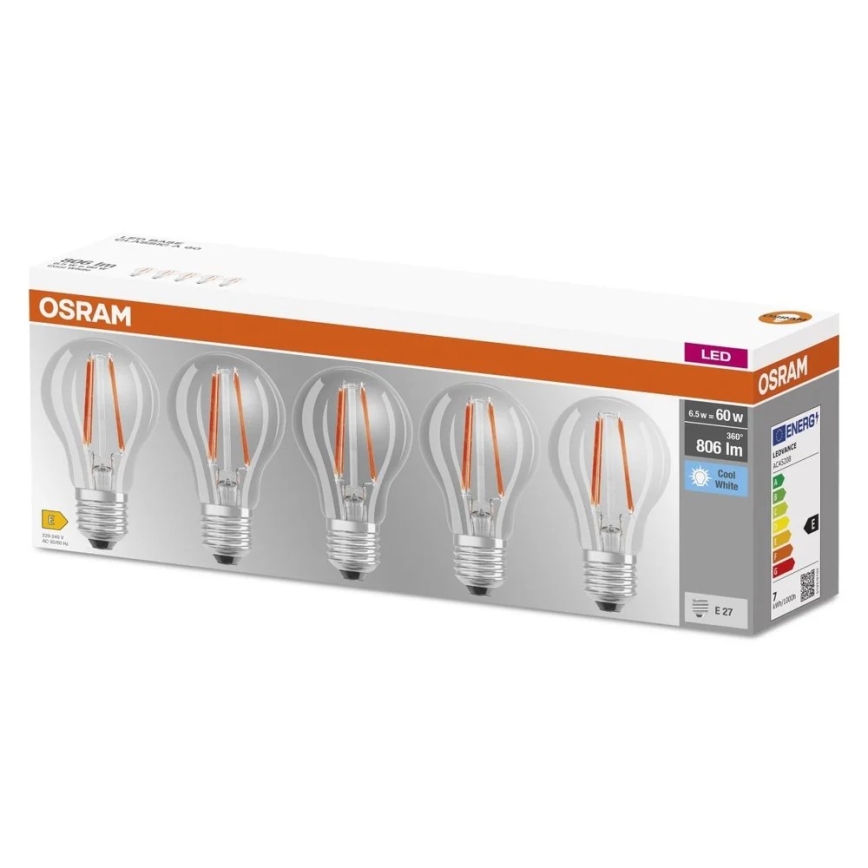 Set de 5 becuri LED BASE CLASSIC FILAMENT A60, soclu E27, 7W, 230V, 4000K - Osram