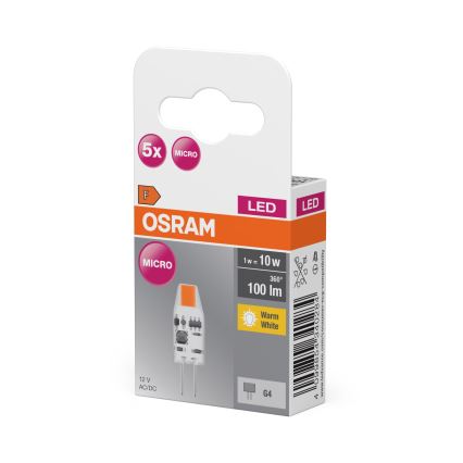 Set de 5 becuri LED micro cu pini G4, 1W, 12V, 2700K - Osram