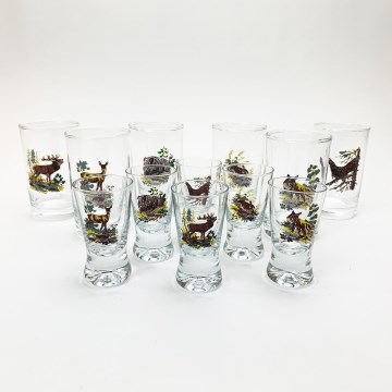 Set de 6 pahare mari și 6 pahare mici pentru shoturi, transparente, cu modele de animale
