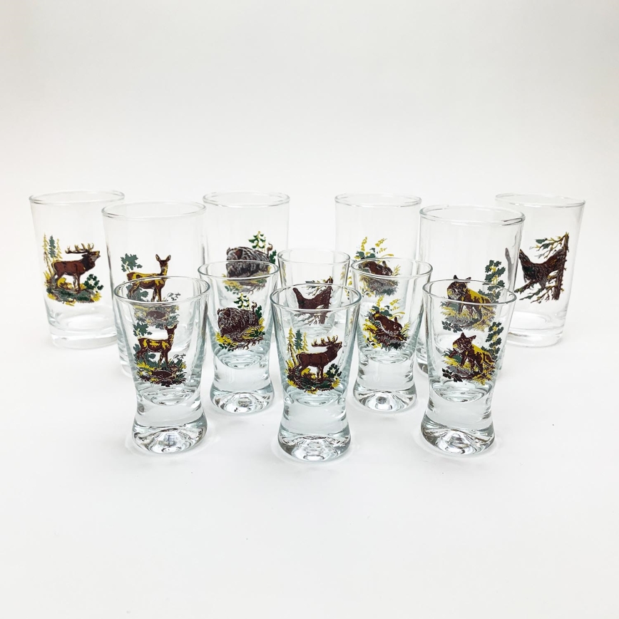 Set de 6 pahare mari și 6 pahare mici pentru shoturi, transparente, cu modele de animale
