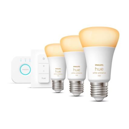 Kit de pornire Philips Hue White Ambiance 3xE27/11W 2200-6500K + Hue Bridge și întrerupător dimmer