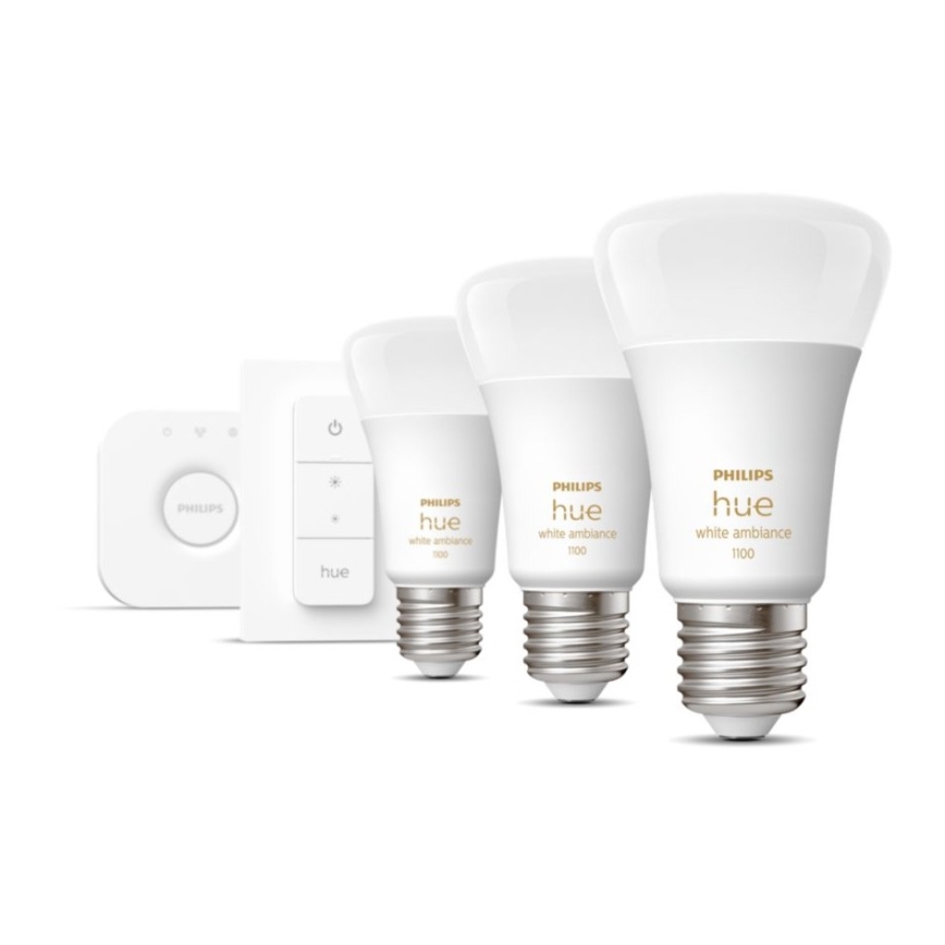 Kit de pornire Philips Hue White Ambiance 3xE27/11W 2200-6500K + Hue Bridge și întrerupător dimmer