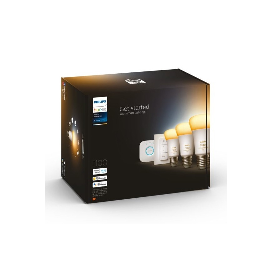 Kit de pornire Philips Hue White Ambiance 3xE27/11W 2200-6500K + Hue Bridge și întrerupător dimmer