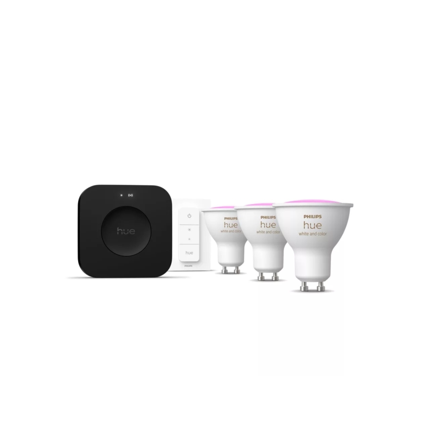 Set de bază Philips Hue WHITE AND COLOR AMBIANCE 3xGU10/4,2W 2000-6500K + Hue Bridge și întrerupător dimmer