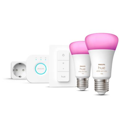 Kit de pornire Philips Hue WHITE AND COLOR AMBIANCE 2xE27/9W/230V 2200-6500K + priză inteligentă, Hue Bridge și Dimmer Switch