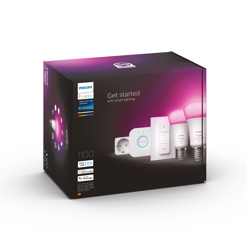Kit de pornire Philips Hue WHITE AND COLOR AMBIANCE 2xE27/9W/230V 2200-6500K + priză inteligentă, Hue Bridge și Dimmer Switch