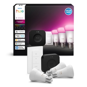 Set de bază Philips Hue WHITE AND COLOR AMBIANCE 3xE27/8,1W 1000-20000K + Hue Bridge și întrerupător dimmer