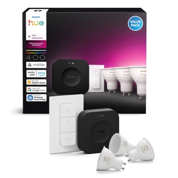 Set de bază Philips Hue WHITE AND COLOR AMBIANCE 3xGU10/4,2W 2000-6500K + Hue Bridge și întrerupător dimmer