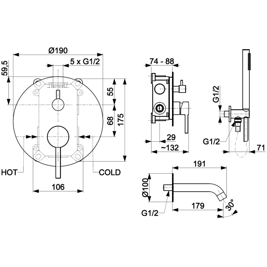 Set de cadă cu baterie ascunsă KFA Armatura 5039-401-81 MOZA negru mat