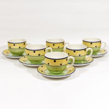 Set de cafea verde-galben 6x ceașcă ceramică cu farfurioară