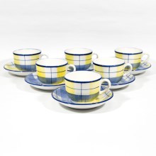 Set de ceai 6x ceașcă ceramică cu farfurioară albastră galbenă