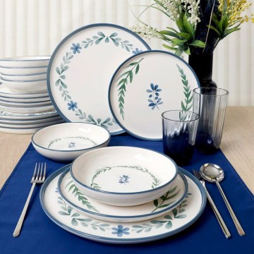 Set de cină, 18 piese, din ceramică — alb/albastru/verde