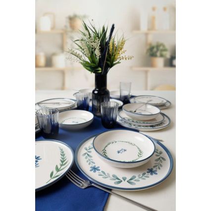 Set de cină, 18 piese, din ceramică — alb/albastru/verde