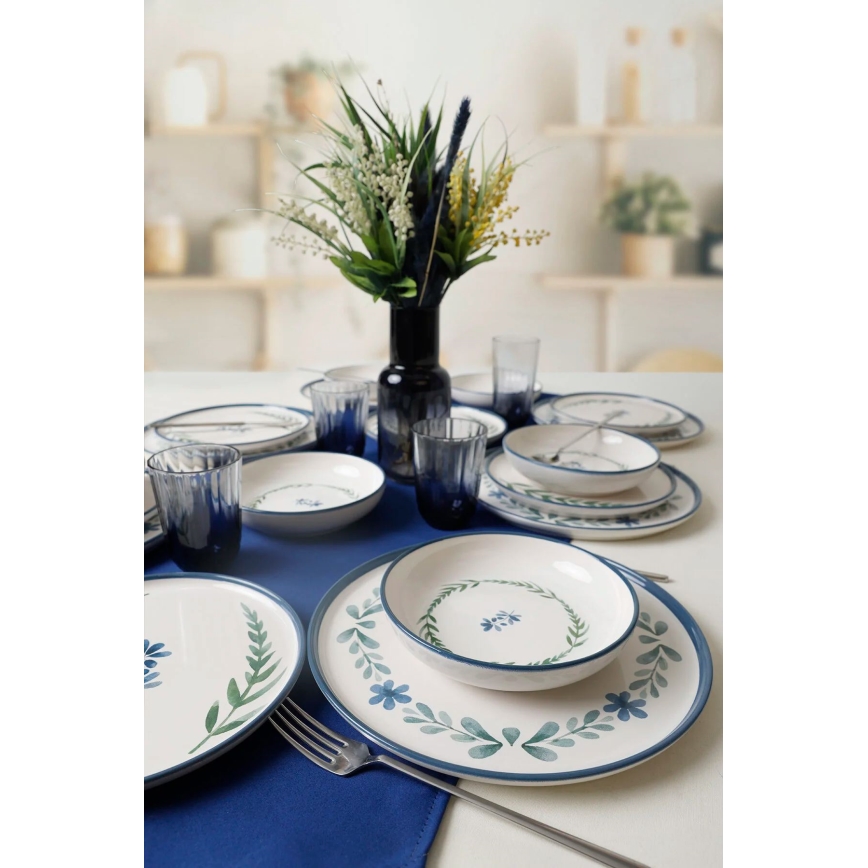 Set de cină, 18 piese, din ceramică — alb/albastru/verde