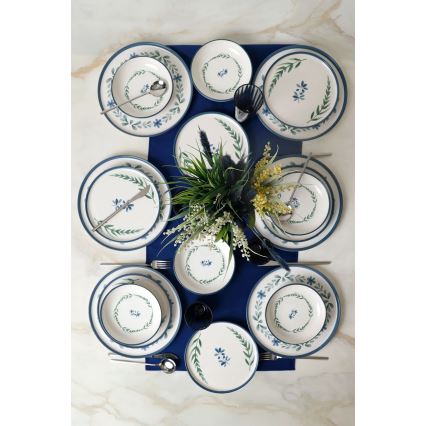 Set de cină, 18 piese, din ceramică — alb/albastru/verde