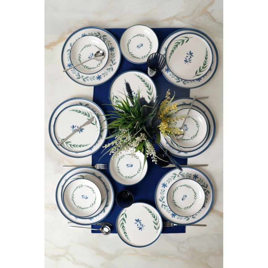 Set de cină, 18 piese, din ceramică — alb/albastru/verde