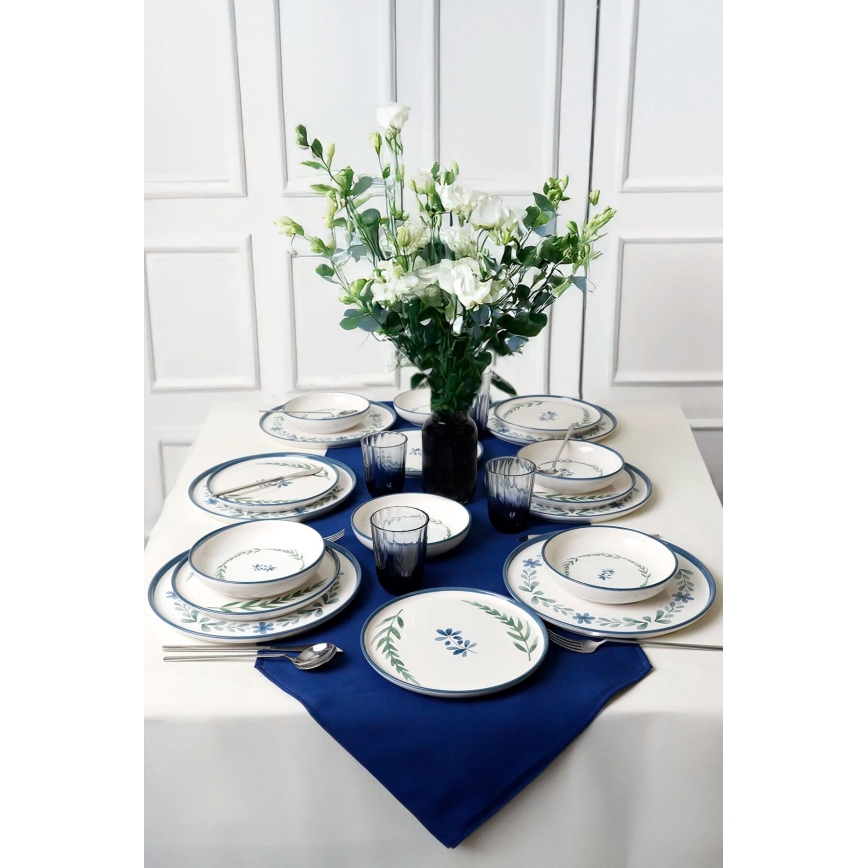Set de cină, 18 piese, din ceramică — alb/albastru/verde