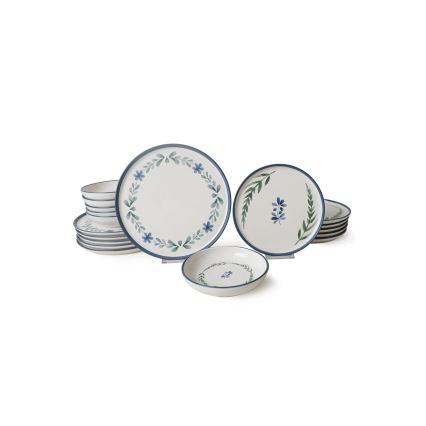 Set de cină, 18 piese, din ceramică — alb/albastru/verde