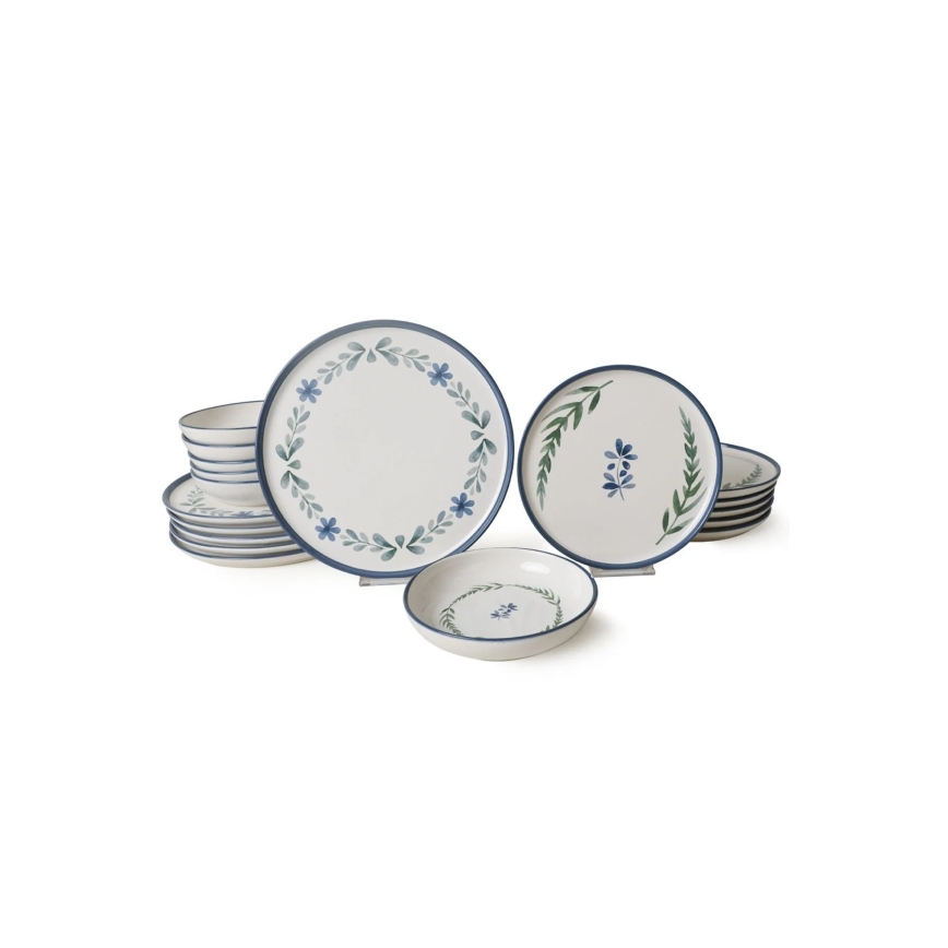 Set de cină, 18 piese, din ceramică — alb/albastru/verde