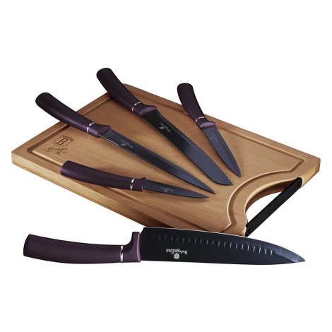 Set de cuțite din oțel inoxidabil cu tocător din bambus 6 buc. mov/negru BerlingerHaus