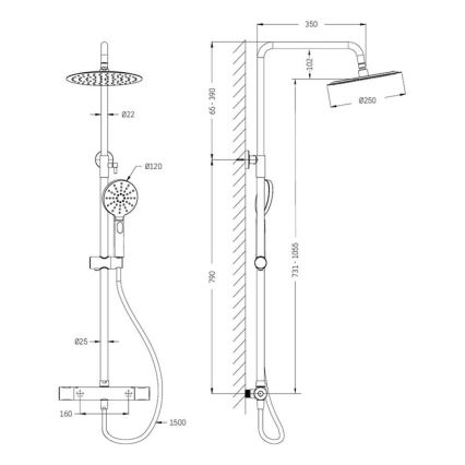 Set de duș DRAGOR cu baterie termostatică, alamă lucioasă