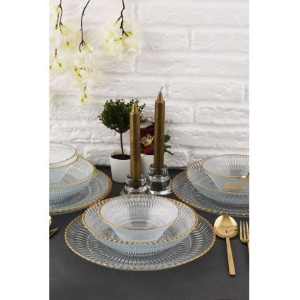 Set de masă 12 piese, sticlă transparentă cu detalii aurii