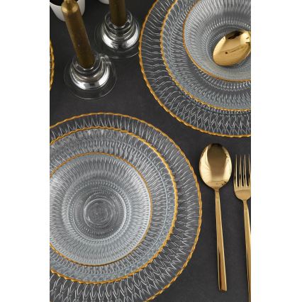 Set de masă 12 piese, sticlă transparentă cu detalii aurii