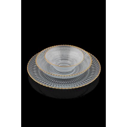 Set de masă 12 piese, sticlă transparentă cu detalii aurii