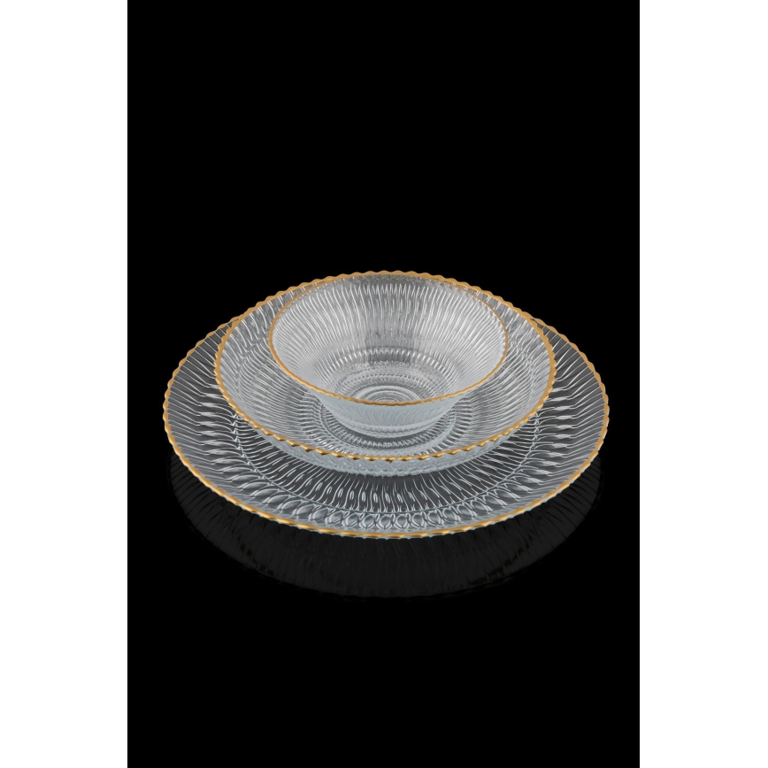 Set de masă 12 piese, sticlă transparentă cu detalii aurii