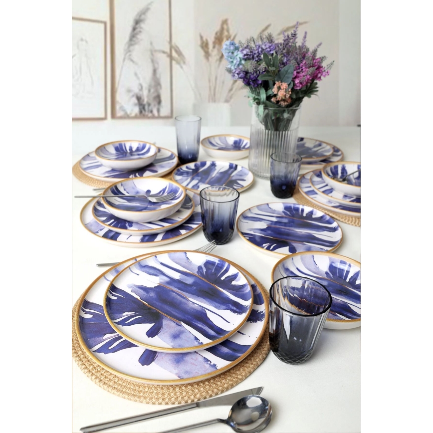 Set de masă 18 piese, alb/albastru, ceramică