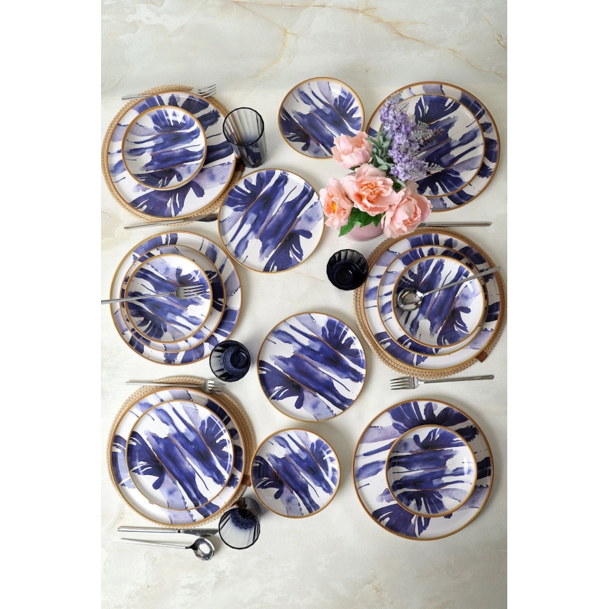 Set de masă 18 piese, alb/albastru, ceramică