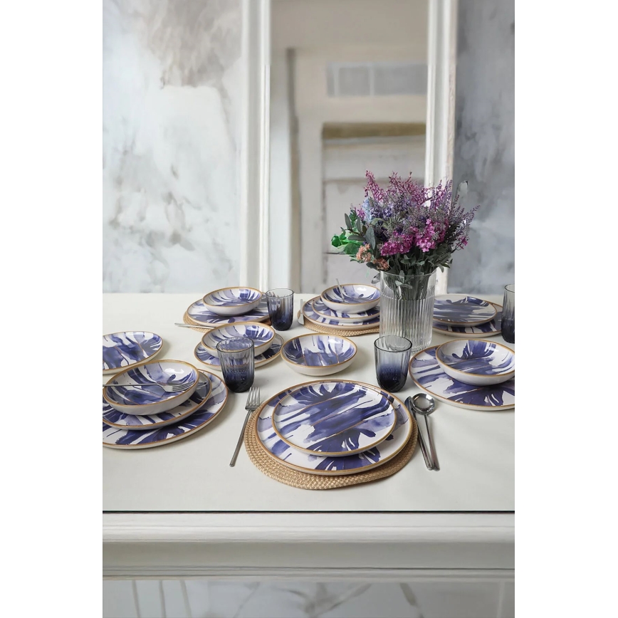 Set de masă 18 piese, alb/albastru, ceramică
