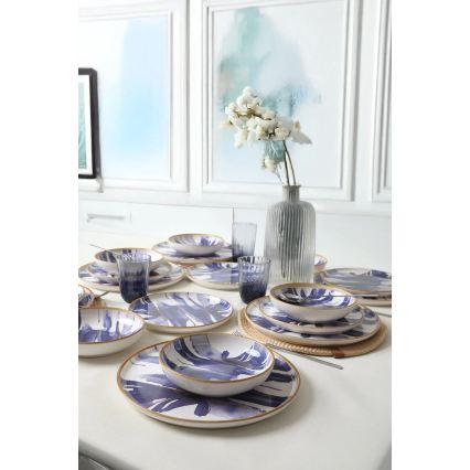 Set de masă 18 piese, alb/albastru, ceramică